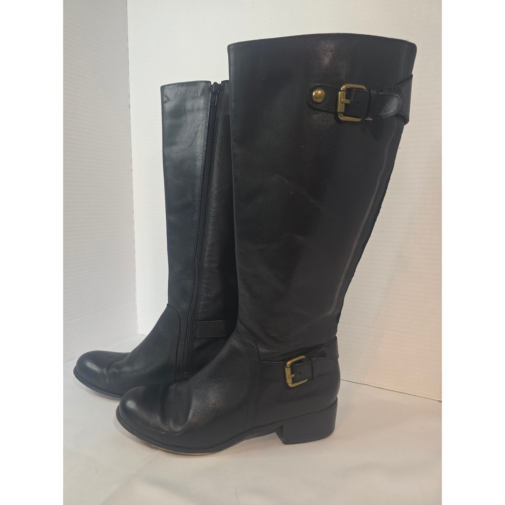 Corso Como Francine Black Leather Riding Boots Knee High Buckle Detail Size 8.5